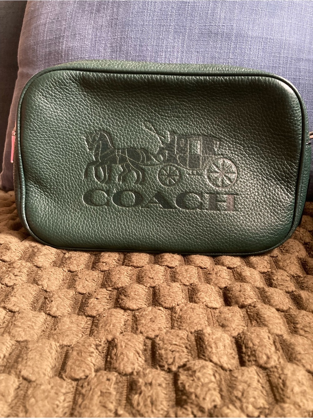 Vintage COACH Green Pebbled Leather Crossbody Pouch with Embossed Coach Carriag